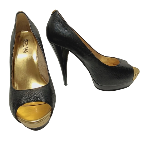 Michael Kors Black Leather Platform Peep Toe Stilettos Size 7.5 M Pumps Heels - Picture 2 of 11
